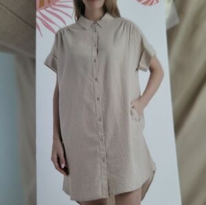 Women Medium Collared Button Front Shirt Dress Pockets Beige Linen Blend New‎